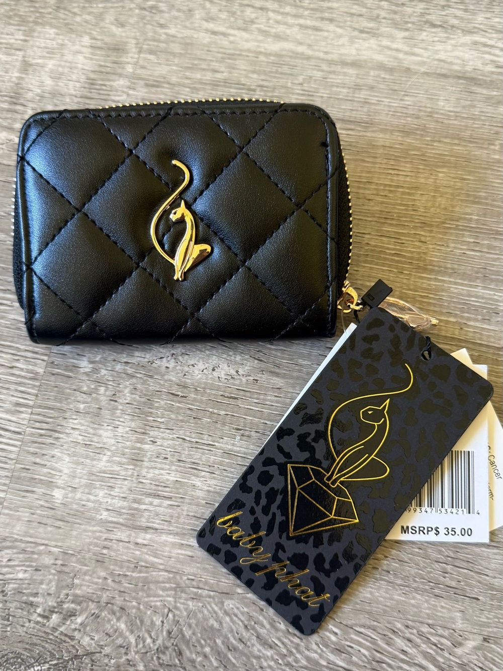 Baby Phat Black Quilted Zip Wallet with Gold Cat NWT